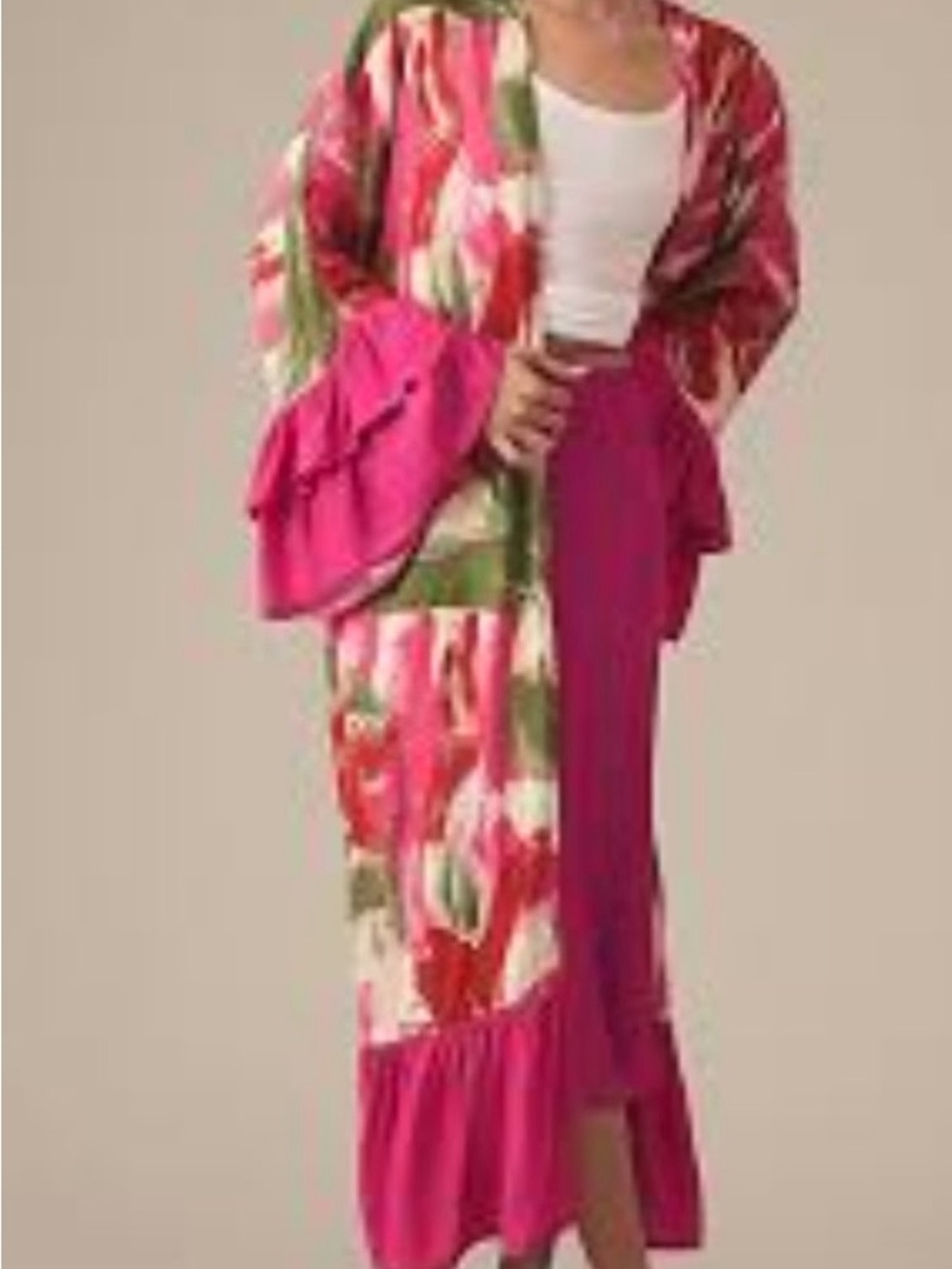 Anthropologie Belkazan Floral Kimono  with Ruffle Trim